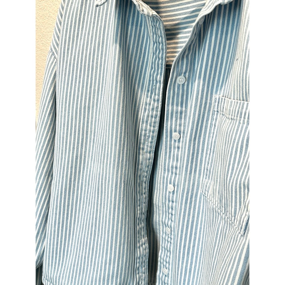 RSQ Blue White Stripe Crop Button Up Shirt XL Oversized - Picture 6 of 6